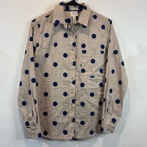 St John’s Bay Classic Button Shirt Sz Small NWT 100% Cotton Tan Dark Blue Dots